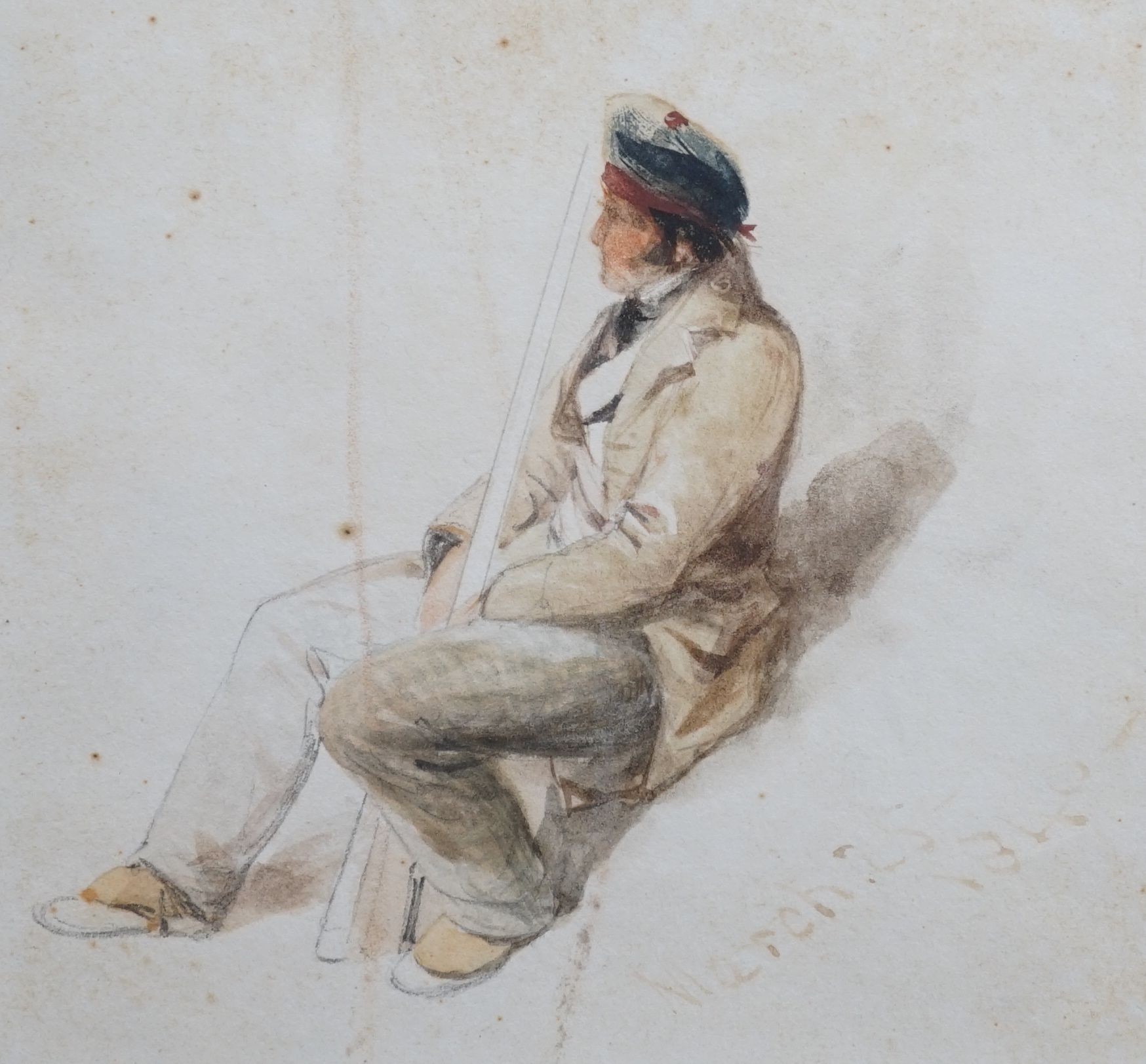 Thomas Miles Richardson Jnr, Seated Scotsman with a gun, watercolour, inscribed 'March 25.1840', 12 x 12.5cm